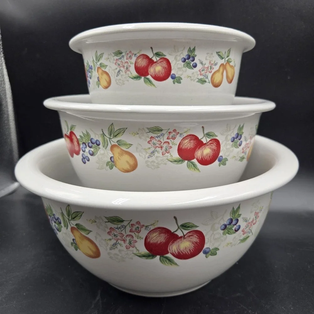 Corelle Country Cottagecore Nesting Bowls Set of Three‎ 1-2-3 Qt VTG Stoneware